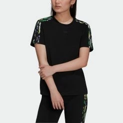 Women’s Adidas Originals Floral 3-Stripes Tee Black BLACK -women‘s Sales Store H15779 4