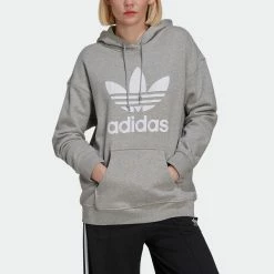 Women's Adidas Originals Adicolor Trefoil Hoodie Grey GRAY -women‘s Sales Store H33589 4
