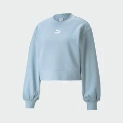 Women's PUMA Classics Puff Sleeve Crew Neck Sweatshirt Blue Fog LIGHT BLUE
