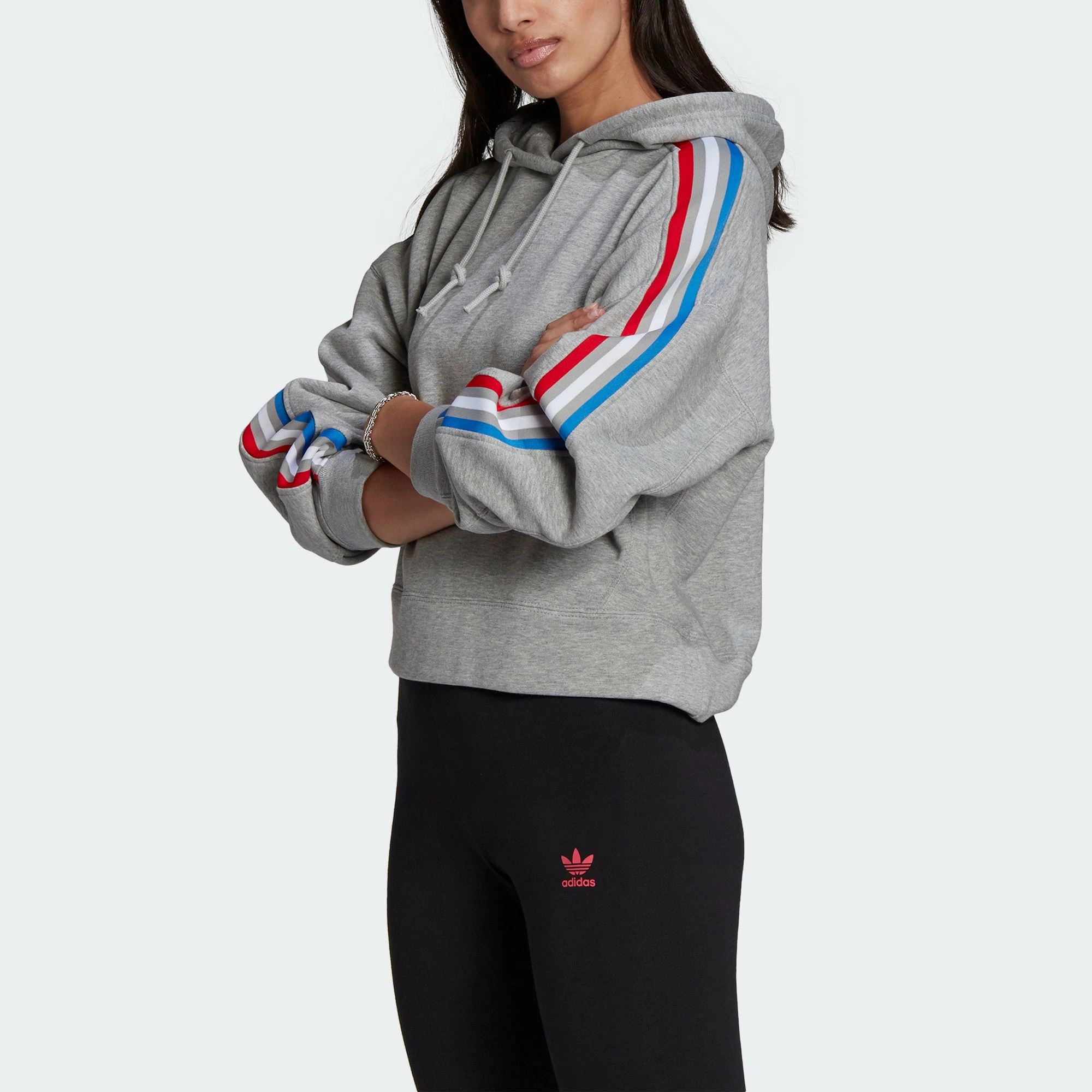 Women's Adidas Originals Tricolor Trefoil Crop Hoodie Grey GRAY 7 Women's Adidas Originals Tricolor Trefoil Crop Hoodie Grey GRAY - Image 5