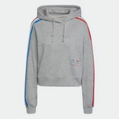 Women's Adidas Originals Tricolor Trefoil Crop Hoodie Grey GRAY